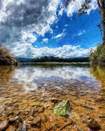 Watercolor and pastel drawing nature landscape, tropical travel and touristic place, Seychelles island vacation, trend print for poster, textile or canvas. Modern fine arts design wallpaper. Wall artの写真素材