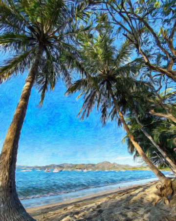 Watercolor and pastel drawing nature landscape, tropical travel and touristic place, Seychelles island vacation, trend print for poster, textile or canvas. Modern fine arts design wallpaper. Wall artの写真素材