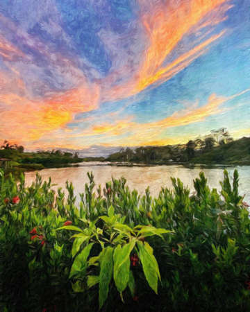 Watercolor and pastel drawing nature landscape, tropical travel and touristic place, Seychelles island vacation, trend print for poster, textile or canvas. Modern fine arts design wallpaper. Wall artの写真素材