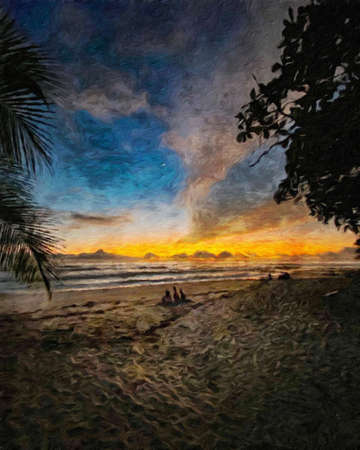 Watercolor and pastel drawing nature landscape, tropical travel and touristic place, Seychelles island vacation, trend print for poster, textile or canvas. Modern fine arts design wallpaper. Wall artの写真素材