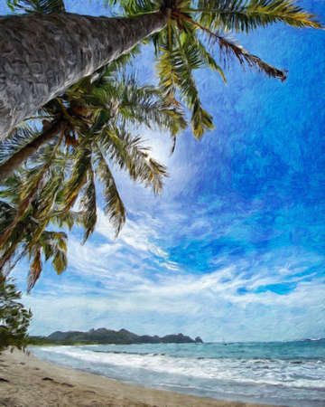 Watercolor and pastel drawing nature landscape, tropical travel and touristic place, Seychelles island vacation, trend print for poster, textile or canvas. Modern fine arts design wallpaper. Wall artの写真素材