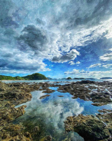 Watercolor and pastel drawing nature landscape, tropical travel and touristic place, Seychelles island vacation, trend print for poster, textile or canvas. Modern fine arts design wallpaper. Wall artの写真素材