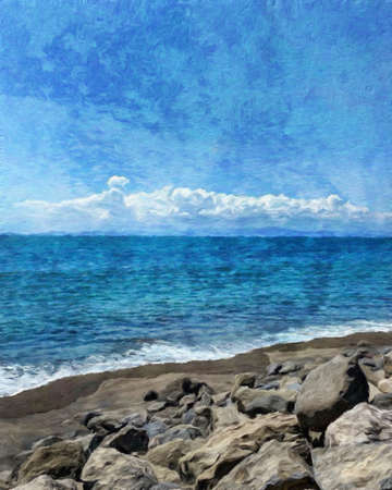 Watercolor and pastel drawing nature landscape, tropical travel and touristic place, Seychelles island vacation, trend print for poster, textile or canvas. Modern fine arts design wallpaper. Wall artの写真素材