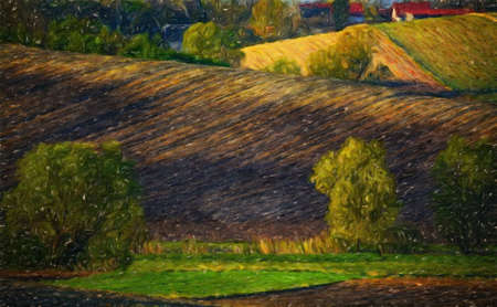 Watercolor and oil painting nature landscape, famous travel and touristic place, outdoor vacation trend print for poster, paper, textile or canvas. Modern fine arts design wallpaper. Wall art drawingの写真素材