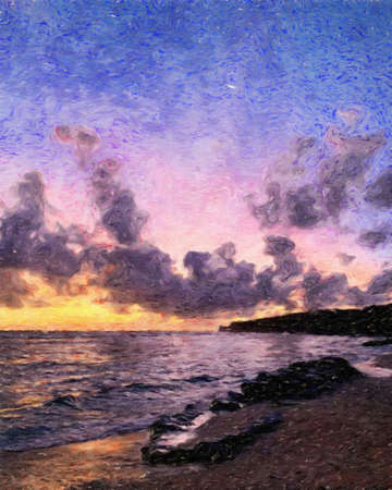 Nature landscape painting in oil pictorial art, famous travel and tourism place, outdoor vacation trend print for poster, paper, textile or canvas. Modern fine arts design wallpaper. Wall art drawingの写真素材