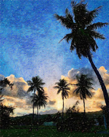Nature landscape painting in oil pictorial art, famous travel and tourism place, outdoor vacation trend print for poster, paper, textile or canvas. Modern fine arts design wallpaper. Wall art drawingの写真素材