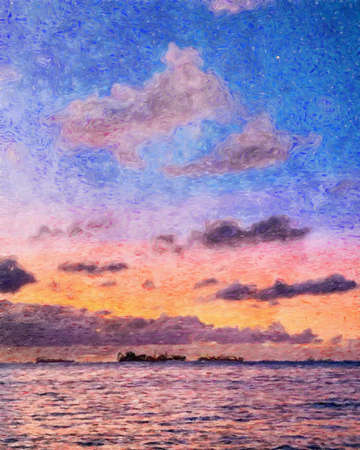 Nature landscape painting in oil pictorial art, famous travel and tourism place, outdoor vacation trend print for poster, paper, textile or canvas. Modern fine arts design wallpaper. Wall art drawingの写真素材