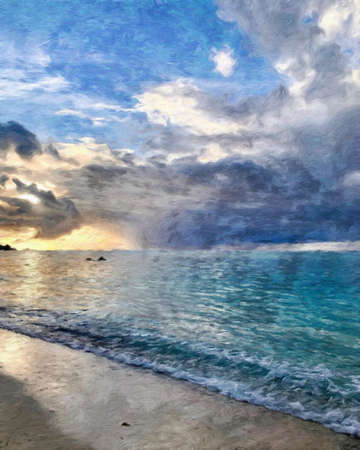Nature landscape painting in oil pictorial art, famous travel and tourism place, outdoor vacation trend print for poster, paper, textile or canvas. Modern fine arts design wallpaper. Wall art drawingの写真素材