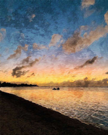 Nature landscape painting in oil pictorial art, famous travel and tourism place, outdoor vacation trend print for poster, paper, textile or canvas. Modern fine arts design wallpaper. Wall art drawingの写真素材