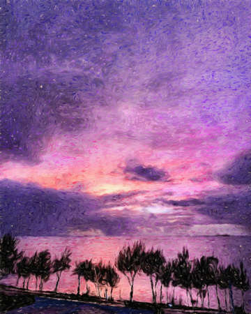Nature landscape painting in oil pictorial art, famous travel and tourism place, outdoor vacation trend print for poster, paper, textile or canvas. Modern fine arts design wallpaper. Wall art drawingの写真素材