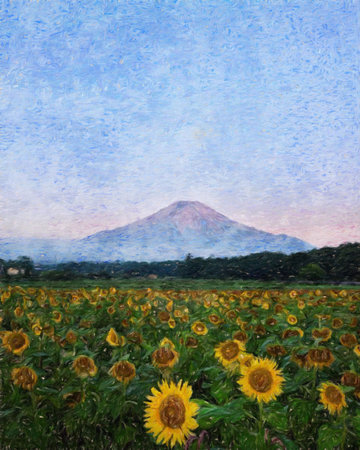 Nature landscape painting in oil pictorial art, famous travel and tourism place, outdoor vacation trend print for poster, paper, textile or canvas. Modern fine arts design wallpaper. Wall art drawingの写真素材