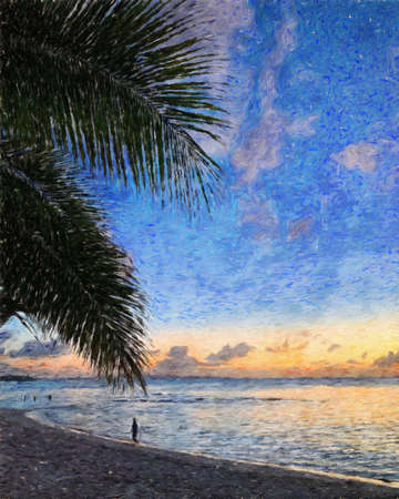 Nature landscape painting in oil pictorial art, famous travel and tourism place, outdoor vacation trend print for poster, paper, textile or canvas. Modern fine arts design wallpaper. Wall art drawingの写真素材