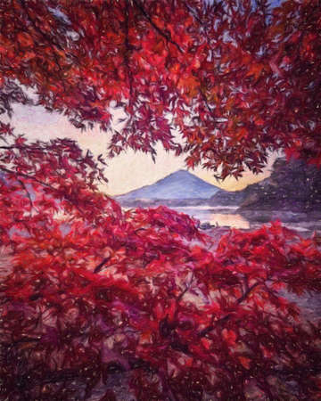 Nature landscape painting in oil pictorial art, famous travel and tourism place, outdoor vacation trend print for poster, paper, textile or canvas. Modern fine arts design wallpaper. Wall art drawingの写真素材