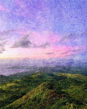 Nature landscape painting in oil pictorial art, famous travel and tourism place, outdoor vacation trend print for poster, paper, textile or canvas. Modern fine arts design wallpaper. Wall art drawingの写真素材