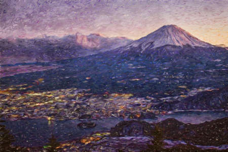 Nature landscape painting in oil pictorial art, famous travel and tourism place, outdoor vacation trend print for poster, paper, textile or canvas. Modern fine arts design wallpaper. Wall art drawingの写真素材