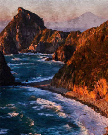 Nature landscape painting in oil pictorial art, famous travel and tourism place, outdoor vacation...