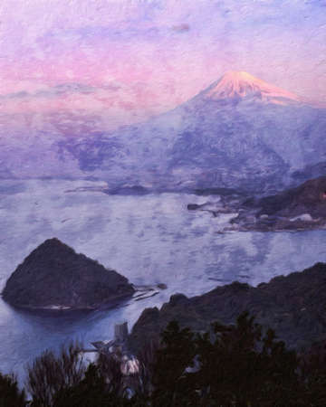 Nature landscape painting in oil pictorial art, famous travel and tourism place, outdoor vacation trend print for poster, paper, textile or canvas. Modern fine arts design wallpaper. Wall art drawingの写真素材