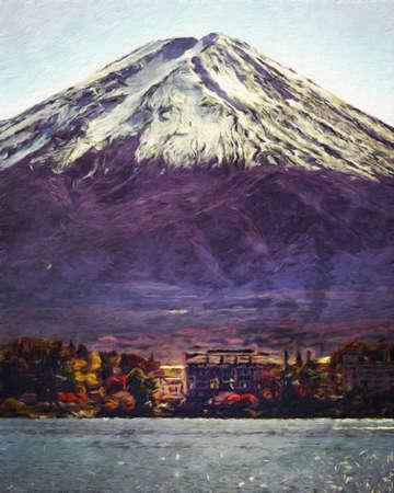 Nature landscape painting in oil pictorial art, famous travel and tourism place, outdoor vacation trend print for poster, paper, textile or canvas. Modern fine arts design wallpaper. Wall art drawingの写真素材