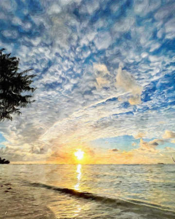Nature landscape painting in oil pictorial art, famous travel and tourism place, outdoor vacation trend print for poster, paper, textile or canvas. Modern fine arts design wallpaper. Wall art drawingの写真素材