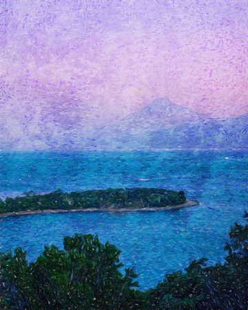 Nature landscape painting in oil pictorial art, famous travel and tourism place, outdoor vacation trend print for poster, paper, textile or canvas. Modern fine arts design wallpaper. Wall art drawingの写真素材