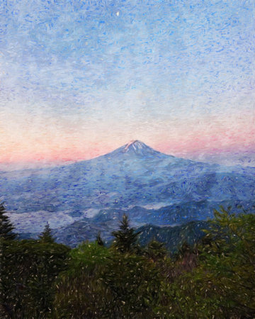 Nature landscape painting in oil pictorial art, famous travel and tourism place, outdoor vacation trend print for poster, paper, textile or canvas. Modern fine arts design wallpaper. Wall art drawingの写真素材