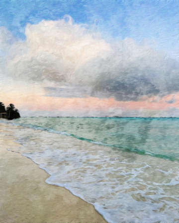 Nature landscape painting in oil pictorial art, famous travel and tourism place, outdoor vacation trend print for poster, paper, textile or canvas. Modern fine arts design wallpaper. Wall art drawingの写真素材