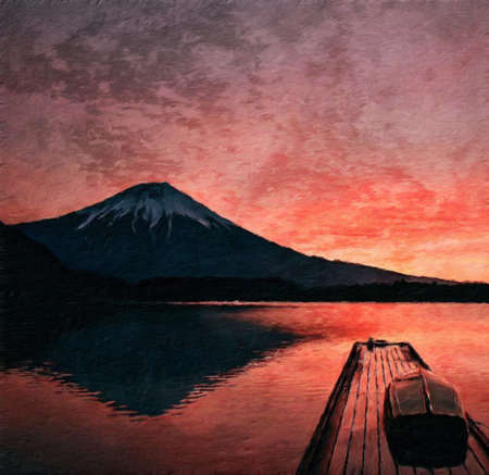 Nature landscape painting in oil pictorial art, famous travel and tourism place, outdoor vacation trend print for poster, paper, textile or canvas. Modern fine arts design wallpaper. Wall art drawingの写真素材