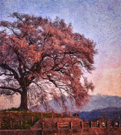 Nature landscape painting in oil pictorial art, famous travel and tourism place, outdoor vacation trend print for poster, paper, textile or canvas. Modern fine arts design wallpaper. Wall art drawingの写真素材