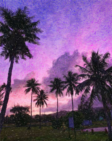 Nature landscape painting in oil pictorial art, famous travel and tourism place, outdoor vacation trend print for poster, paper, textile or canvas. Modern fine arts design wallpaper. Wall art drawingの写真素材