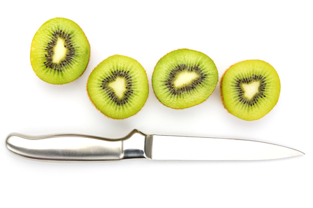 Close up kiwi fruits and slice kiwi fruits isolated on white backgroundの写真素材