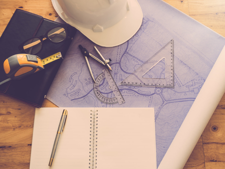 Architect concept, Architects working with blueprints in the office, Vintage Effect