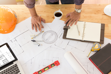 Architect concept, Architects working with blueprints in the officeの写真素材