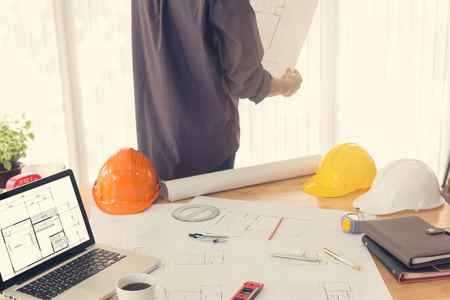 Architect concept, Engineer and Architects office working with blueprintsの写真素材