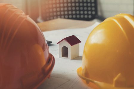 Architect concept, Architects office working with blueprints, Vintage Effectの写真素材