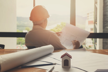 Architect concept, Architects office working with blueprints, Vintage Effectの写真素材