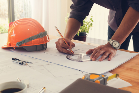 Architect concept, Architects office working with blueprintsの写真素材