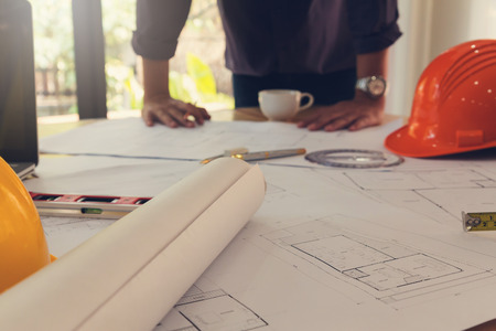 Architect concept, Architects office working with blueprintsの写真素材