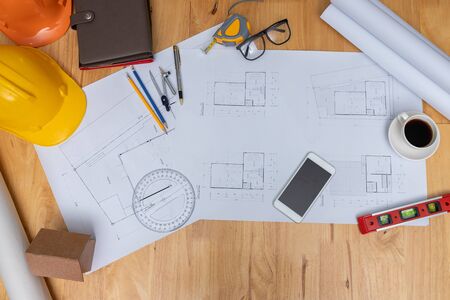 Engineer and Architect concept, Engineer Architects office team working with blueprintsの写真素材