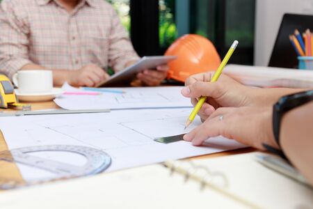 Engineer and Architect concept, Engineer Architects  and Interior designer office team working with...