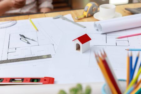 Engineer and Architect concept, Engineer Architects  and Interior designer office team working with blueprintsの写真素材