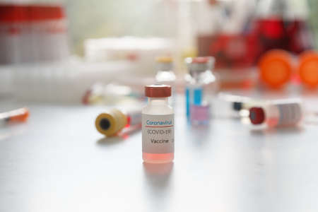 Close up covid-19(corona virus) vaccine in laboratory.の写真素材