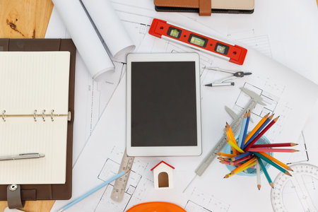 Engineer and Architect concept, Engineer Architects  and Interior designer working with blueprintsの写真素材