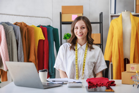 Concept of fashion and  designer,Woman fashion designer stylish with measuring tape on neck sitting and smiling while workin about fashion design using laptop in workshop studio.の写真素材