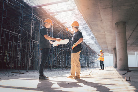Concept of construction. Engineer, architect and designer working together at the construction site, Foreman or engineer checking the accuracy of the construction work by using blueprints..の写真素材