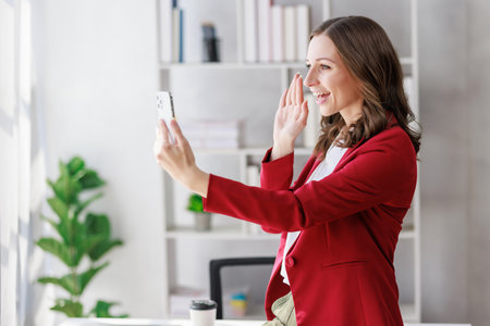 Concept of business investment or working woman, Businesswoman wearing red suit sitting on desk while using smartphone to connect her client for greetings and send business data to clientの写真素材