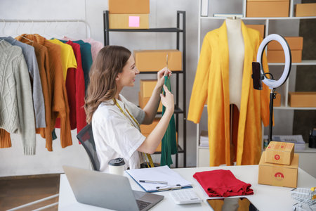 Concept of selling streaming online,Blogger or seller woman showing clothes in front of smartphone camera for business purpose online recording vlog video live chat and selling at her chanel in studioの写真素材