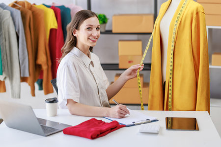 Concept of fashion and  designer,Woman fashion designer stylish sitting working about fashion design with sample desing product prototype on the mannequin by using measuring tape in workshop studio.の写真素材
