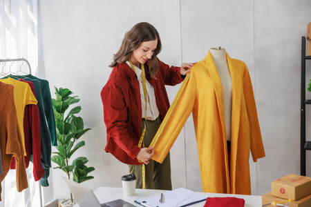 Concept of fashion and designer,Woman fashion designer stylish with measuring tape working about fashion design while holding sample desing product prototype compare with mannequin in workshop studio.の写真素材