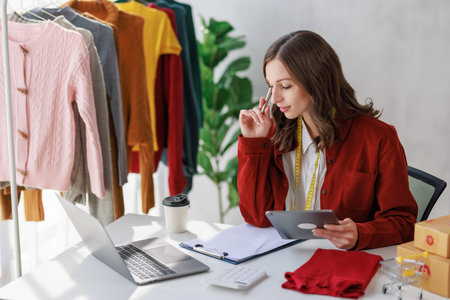 Concept of fashion and designer,Woman fashion designer stylish with measuring tape working about fashion design while holding sample desing product prototype compare with mannequin in workshop studio.の写真素材