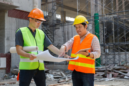 Construction concept of Engineer and Architect working with construction model and blueprint at construction site, Engineer and Architect discussing construction plan at building siteの写真素材